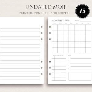 Undated A5 Month on One Page Monthly Planner Inserts Planner Inserts Month on One Page Layout | Sunday Start or Monday Start