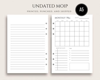 Undated A5 Month on One Page Monthly Planner Inserts Planner Inserts Month on One Page Layout | Sunday Start or Monday Start
