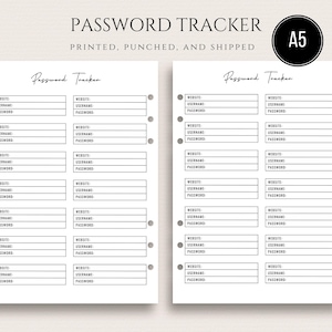 A5 Printed Password Tracker A5 Planner Inserts Password Keeper