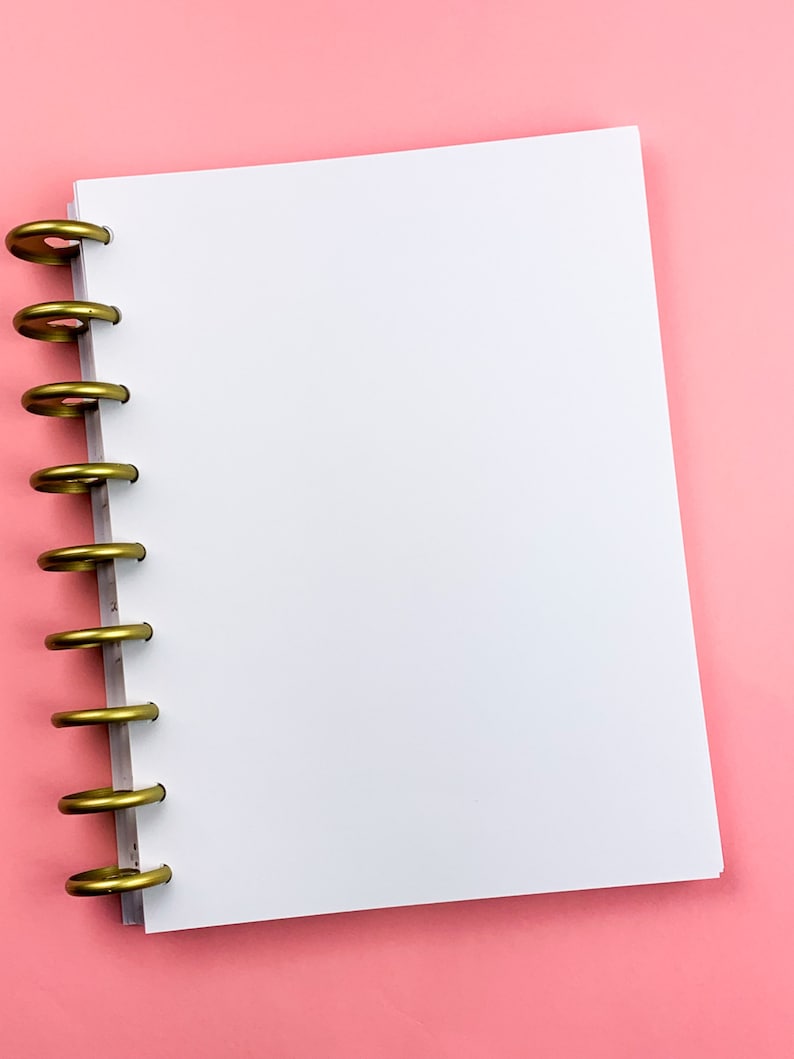 Puede incluir: Un cuaderno blanco de espiral con anillos dorados sobre un fondo rosa.