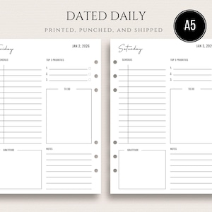 A5 Dated Daily 2026 Printed Planner Inserts Day on One Page DO1P Gratitude, To Do, Notes, Schedule 2026 Inserts