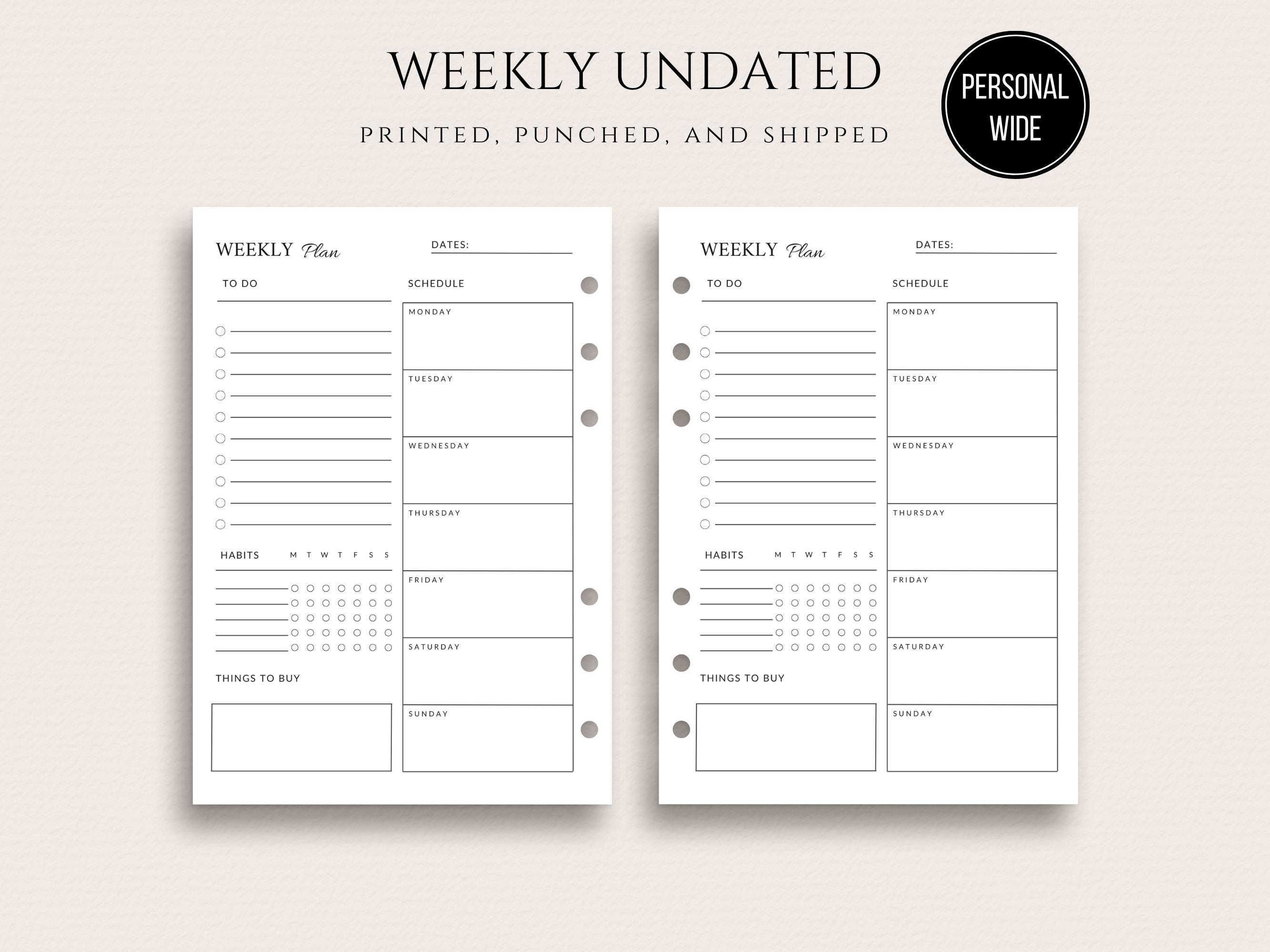 PERSONAL WIDE Weekly Planner Inserts PRINTED Week on One Page Detailed ...