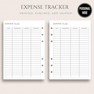 May include: Two white expense tracker pages with black grid lines and the headings "Date", "Description", "Amount", and "Category". The text "EXPENSE TRACKER" and "PRINTED. PUNCHED, AND SHIPPED" are at the top. A black circle reads "PERSONAL WIDE".