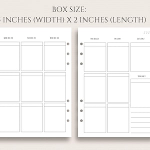 Peut inclure: Insert de planificateur &agrave; deux pages avec une mise en page hebdomadaire. Chaque page comporte une grille de cases rectangulaires pour la planification quotidienne. Le texte "BOX SIZE: 3,8 cm (LARGEUR) X 5,1 cm (LONGUEUR)" est en haut. Les dates sont visibles.