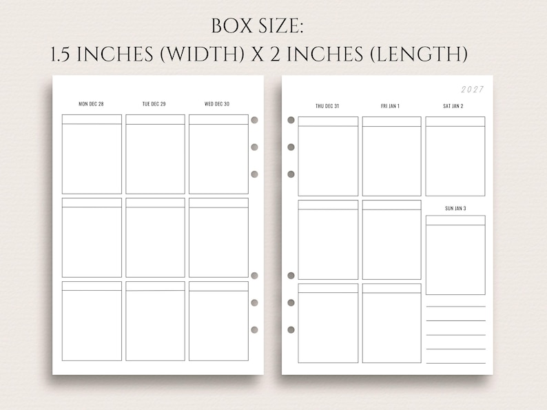 Peut inclure: Insert de planificateur &agrave; deux pages avec une mise en page hebdomadaire. Chaque page comporte une grille de cases rectangulaires pour la planification quotidienne. Le texte "BOX SIZE: 3,8 cm (LARGEUR) X 5,1 cm (LONGUEUR)" est en haut. Les dates sont visibles.