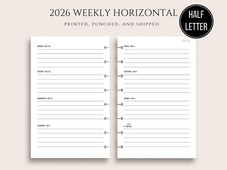 2026 Half Letter Weekly Horizontal Inserts WO2P Week on Two Pages ...