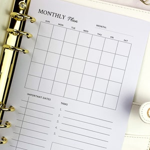 Undated Monthly Planner Inserts in A5 Size