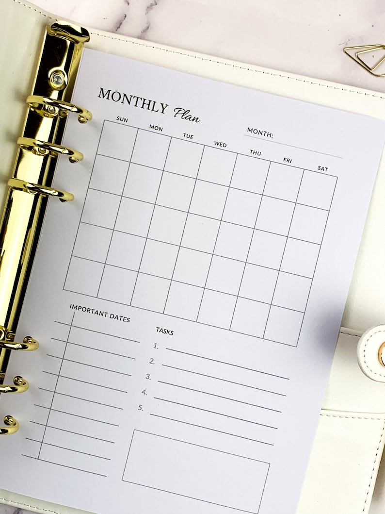 Undated Monthly Planner Inserts in A5 Size