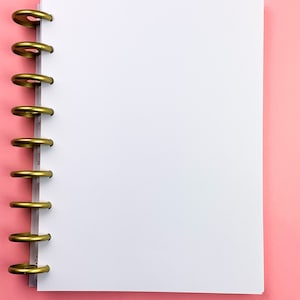 Puede incluir: Un cuaderno blanco de espiral con anillos dorados sobre un fondo rosa.