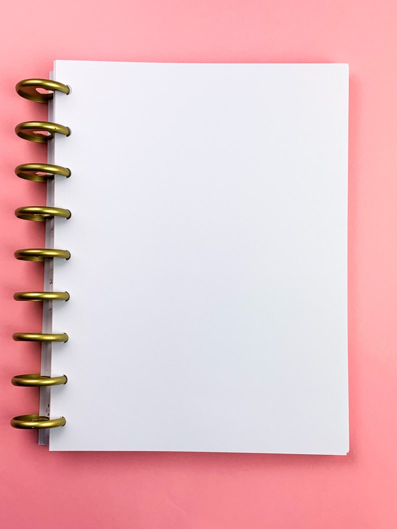 Puede incluir: Un cuaderno blanco de espiral con anillos dorados sobre un fondo rosa.