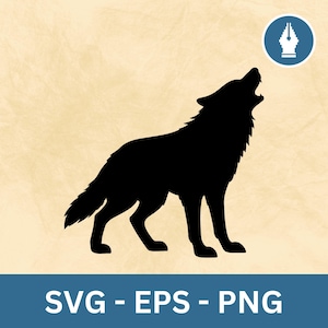 May include: Black silhouette of a wolf howling at the moon. The wolf is facing the right side of the image. The background is a light beige color.