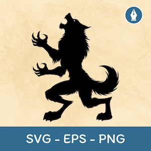 Puede incluir: Silueta negra de un hombre lobo aullando, con garras afiladas y cuerpo peludo. La imagen incluye el texto "SVG - EPS - PNG" en una pancarta azul. El fondo es beige texturizado.