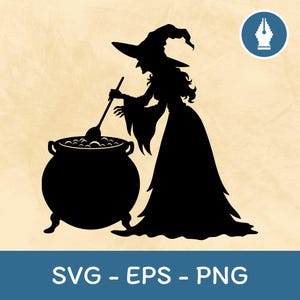 May include: A black silhouette of a witch stirring a cauldron with a ladle. The witch is wearing a pointed hat and a long dress. The cauldron is filled with bubbling liquid.