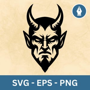May include: A black illustration of a devil's head with curved horns, pointed ears, and a stern expression. The image includes the text "SVG - EPS - PNG" in a blue banner at the bottom. A small blue circle with a white pen icon is in the upper right corner.