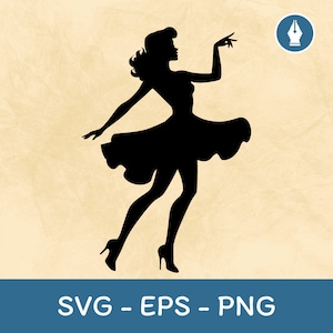 May include: Silhouette of a woman in a dress with her hair pulled back. She is standing with one leg slightly bent and her arm extended out. The background is a light beige.