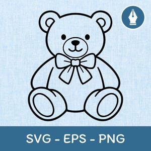 Może przedstawiać: Czarno-biała grafika konturowa misia z kokardą. Miś ma okrągłe uszy, mały nos i uśmiechnięte usta. Tekst "SVG - EPS - PNG" znajduje się na dole obrazu.