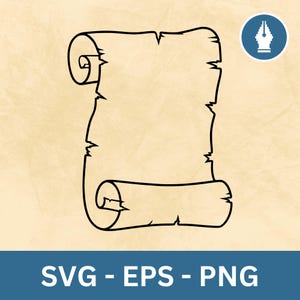 May include: A black and white line art illustration of a blank parchment scroll with curled edges and jagged, weathered sides. The design is centered on a light tan background with a blue banner at the bottom containing the white text SVG - EPS - PNG.