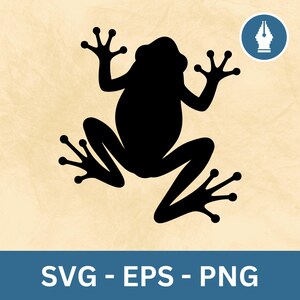 Puede incluir: Silueta negra de una rana con extremidades extendidas y patas palmeadas, sobre un fondo beige. La imagen incluye el texto "SVG - EPS - PNG" en una pancarta azul y un círculo azul con un icono de pluma.