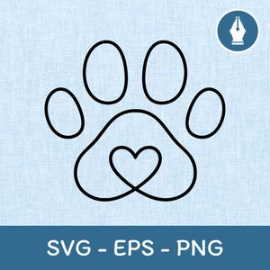 Dog Paw Print Outline Heart SVG Clipart Vector PNG Cut File, Instant Download File for Cricut