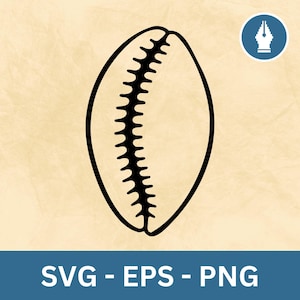 Puede incluir: Ilustración en blanco y negro de una concha de cauri. La concha tiene forma ovalada con una ranura dentada en el centro. La imagen incluye el texto "SVG - EPS - PNG" en una pancarta azul.