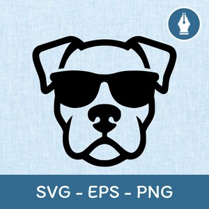 May include: A black and white graphic of a dog wearing sunglasses. The dog's face is a simple outline, with the sunglasses covering its eyes. The image includes the text "SVG - EPS - PNG" at the bottom.