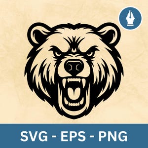 May include: A black and white graphic of a bear's head with an open mouth, bared teeth, and an angry expression. The image includes the text "SVG - EPS - PNG" in a blue banner at the bottom.