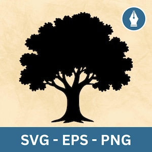 May include: A black silhouette of a large tree with a full, rounded crown and a thick trunk. The image includes the text "SVG - EPS - PNG" in a blue banner at the bottom, and a white pen tool icon in a blue circle in the upper right corner.