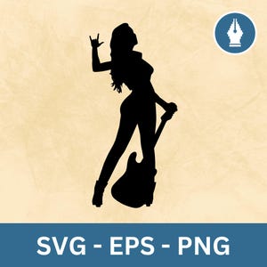Female Rockstar Silhouette SVG, Woman Rocker Clipart Vector PNG Cut File, Instant Download File for Cricut