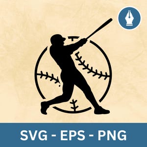 May include: Black silhouette of a baseball player swinging a bat, positioned within a baseball graphic. The baseball graphic has stitching details. The image includes the text "SVG - EPS - PNG" at the bottom.