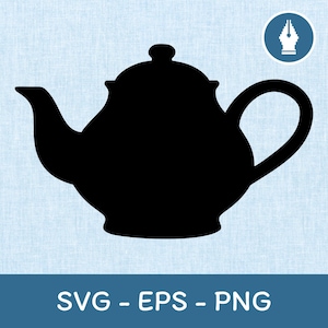 May include: A black silhouette of a teapot with a curved spout and handle. The teapot has a lid with a small knob on top. The image includes the text "SVG - EPS - PNG" at the bottom, indicating file formats.