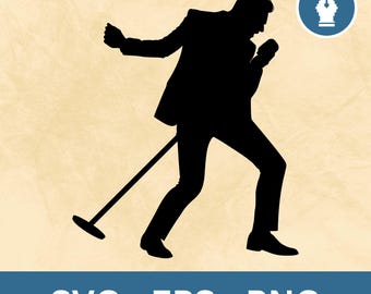 May include: Black silhouette of a singer performing with a microphone and stand. The figure is wearing a suit and is in a dynamic pose. A blue circle with a white pen tool icon is in the upper right corner. The text "SVG - EPS - PNG" is at the bottom.
