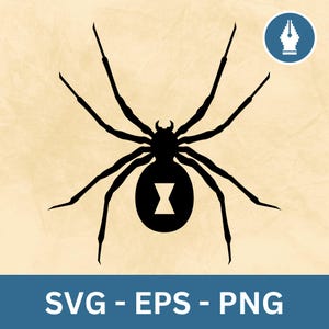 May include: Black silhouette of a spider with eight legs and a hourglass shape on its abdomen.