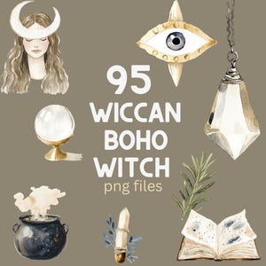 Wiccan Clipart PNG Bundle | Dark Naturalism Boho Witch Art | Spiral Goddess SVG | Elemental Forest PNG | Samhain Yule Mabon