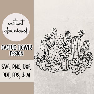 Cactusbloemontwerp | SVG, PNG, DXF, PDF, EPS, AI I Cricut-bestand | Cactus lasergravure bestand | Cactus met lentebloemen digitaal bestand