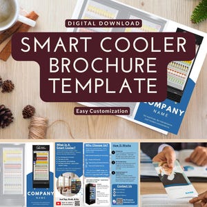 May include: A brochure template titled "SMART COOLER BROCHURE TEMPLATE" with the text "DIGITAL DOWNLOAD" and "Easy Customization". The brochure features images of coolers and informational sections. A cup of coffee, pine cones, and twine are also visible.