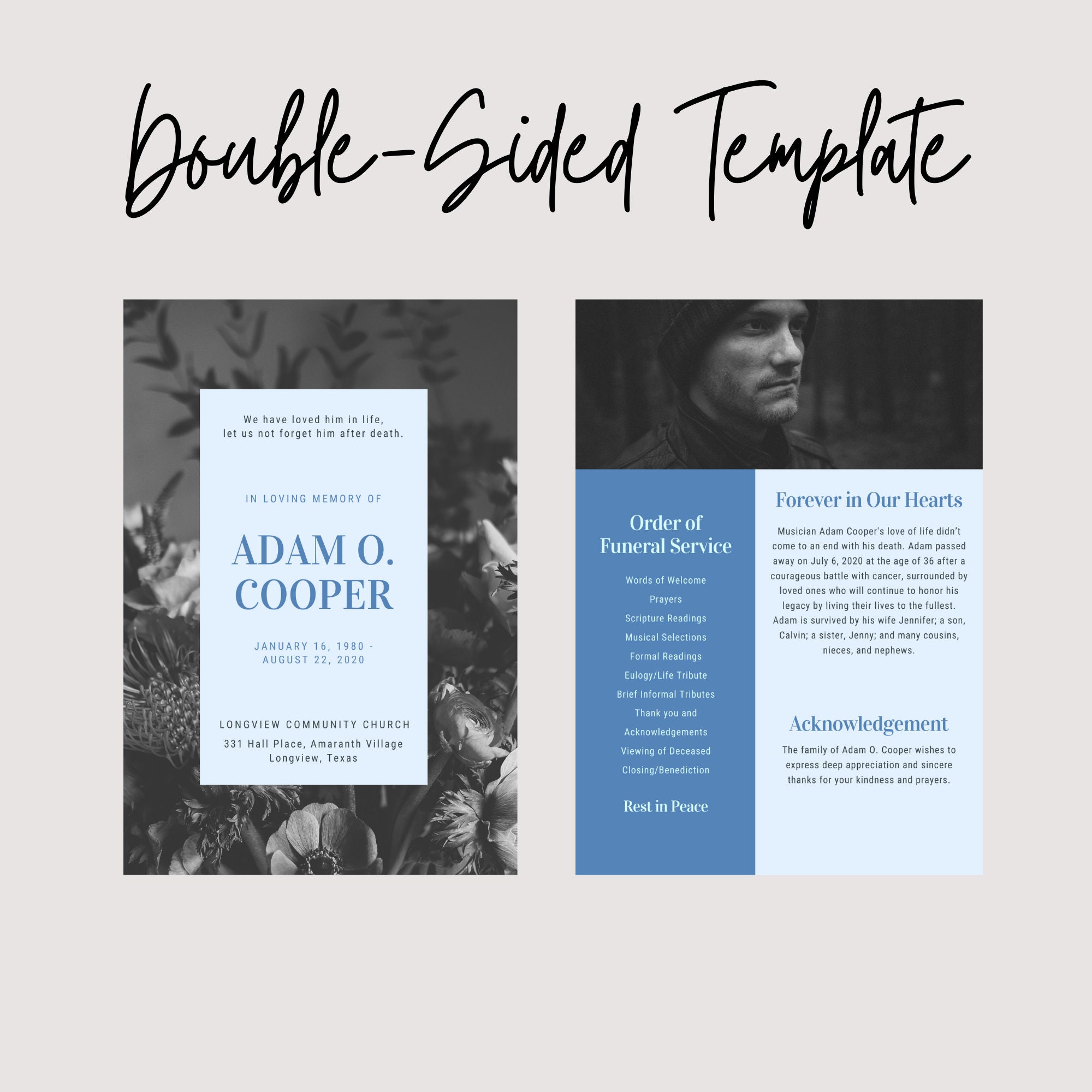 Modern Obituary Template Double Sided Design 100 Editable Etsy