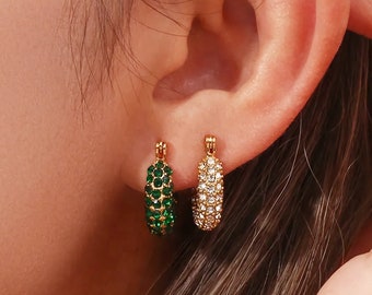 18K Gold Filled Diamond Huggie Earrings, Unique Hoop Statement Earrings, Gold Dainty Minimalist Hoop Earrings, Handmade Jewelry Gift for Her