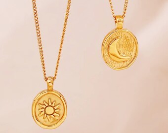 18K Gold Filled Sun & Moon Necklace, Unique 2 Side Celestial Pendant, Gold Minimalist Dainty Necklace, Perfect Handmade Jewelry Gift for Her