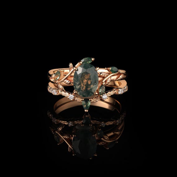 2.0ctw Natural Moss Agate Ring, Gold Statement Ring, Art Deco Ring Gold Women Ring, Vintage Style Ring, Unique Handmade Jewelry Gift for Her