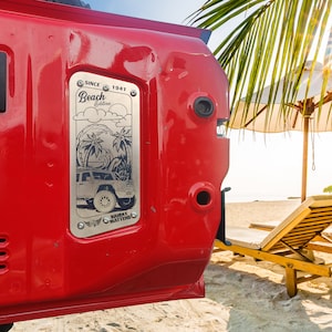 Beach Side Jeep Wrangler JK Data Plate Vent Replacement w/ Sun Surfing Palm Trees Ocean and Sand