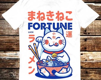 Maneki Neko Glückspilz Katze Ramen T-Shirt Meme Geschenk Shirt Lustige Tee Vintage Stil Ästhetik Unisex Gamer Kult Film Musik 6216