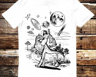 Jesus Riding Dinosaur UFO Bigfoot Volcano Sketch Weird Humorous Hilarious Witty Funny Shirt Meme Gift Tee Funny Unisex Game Movie Music 6391