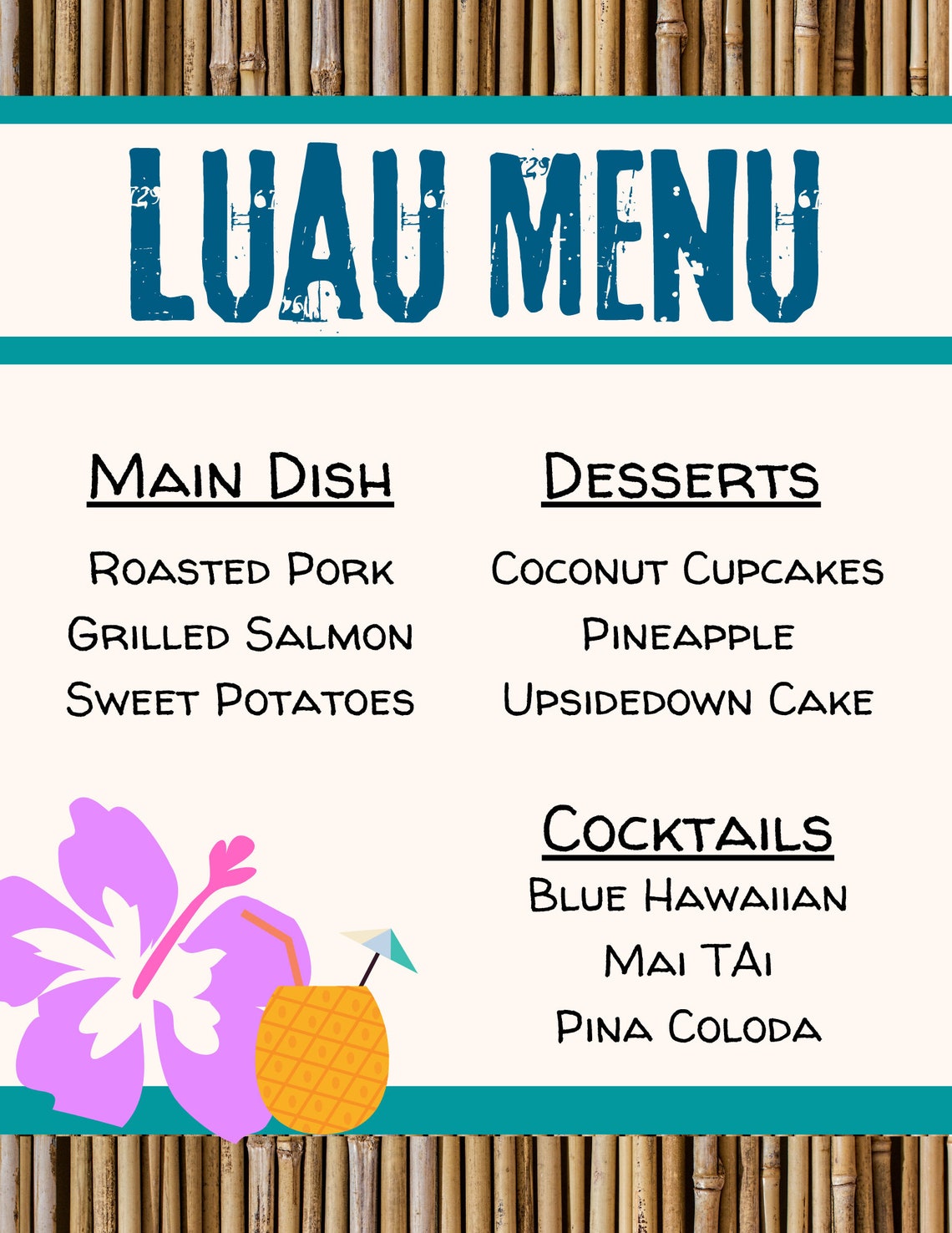 Luau Party Menu Cards Design Template Canva Design Template Etsy