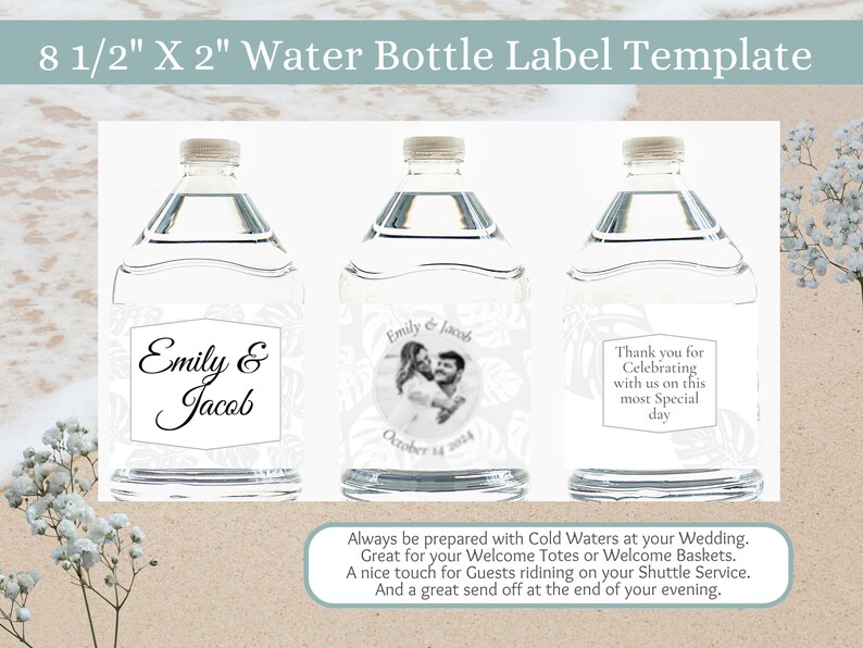 Modern Palm Leaf Wedding Water Bottle Digital Template, Water Bottle