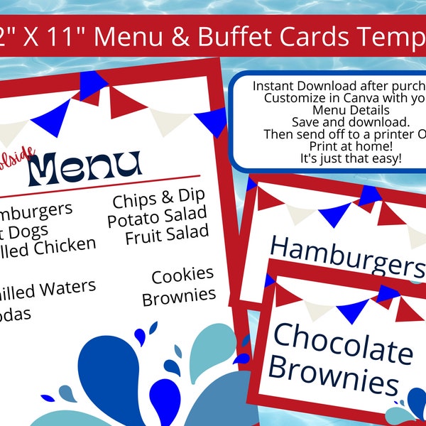 Pool Party Menu Template, Digital Menu Download, 4th of July Menu, Birthday Menu, Buffet Table Menu, Party Menu, Family Reunion, BBQ Party