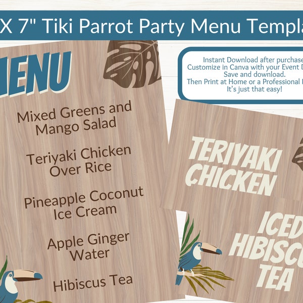 Digital Menu Template, Retro Tiki Parrot, 5X7 Menus, Plate Menus, Buffet Cards, Table Cards, Father's Day Menus