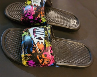 Ready to Ship Size M 5 Custom Slides, Nikes, Streetwear Shoes, Hand Painted Shoes, Custom Slippers, Designer Slides