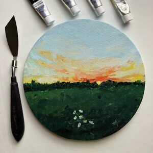 Sunset Art, Prairie sky painting, Impressionistic Art, Vivid sky art, Sunset painting, Clouds Painting, Round Canvas Art, Landscape Artwork image 2
