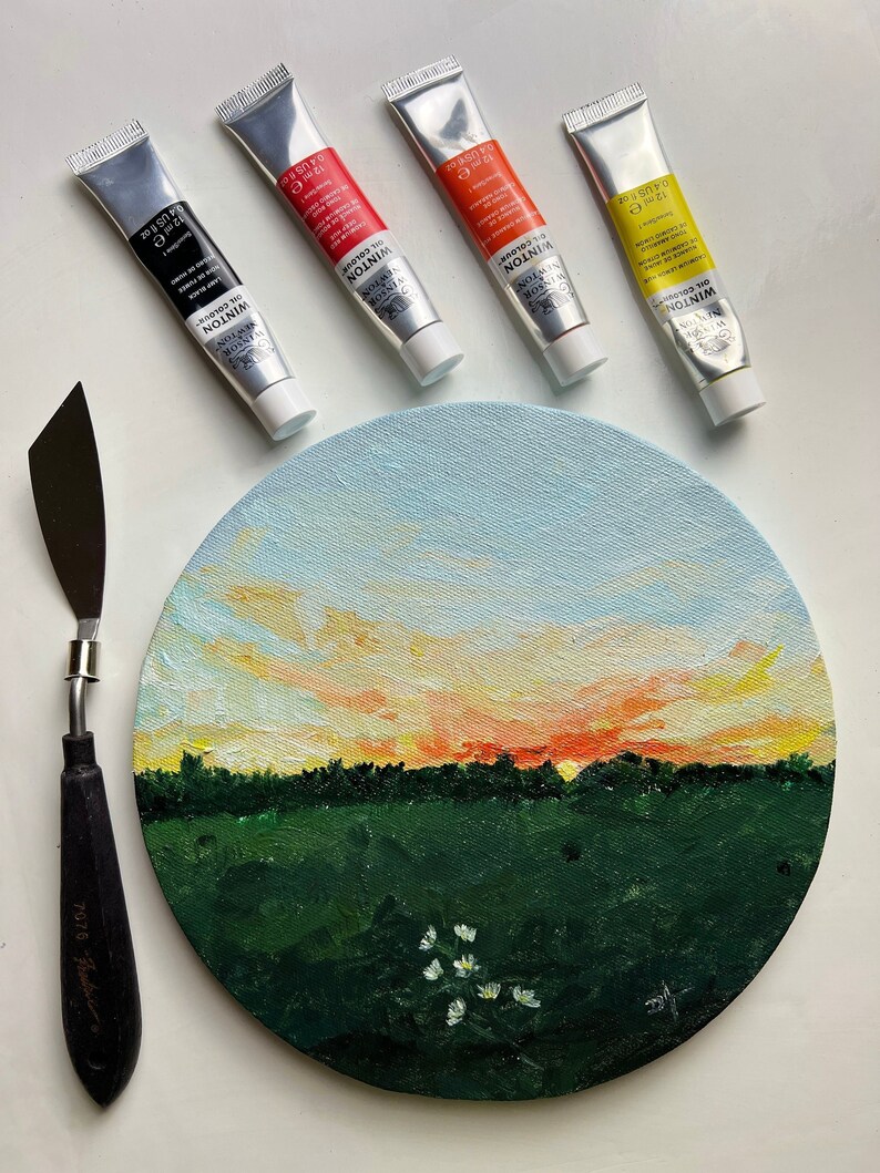 Sunset Art, Prairie sky painting, Impressionistic Art, Vivid sky art, Sunset painting, Clouds Painting, Round Canvas Art, Landscape Artwork image 2
