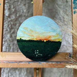 Sunset Art, Prairie sky painting, Impressionistic Art, Vivid sky art, Sunset painting, Clouds Painting, Round Canvas Art, Landscape Artwork image 1